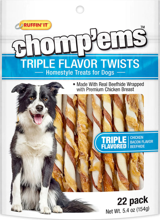 Westminster Pet Products Ruffin It ChompEms Triple Flavor Twist Chicken Bacon & Beefhide Snack 5.4 Oz